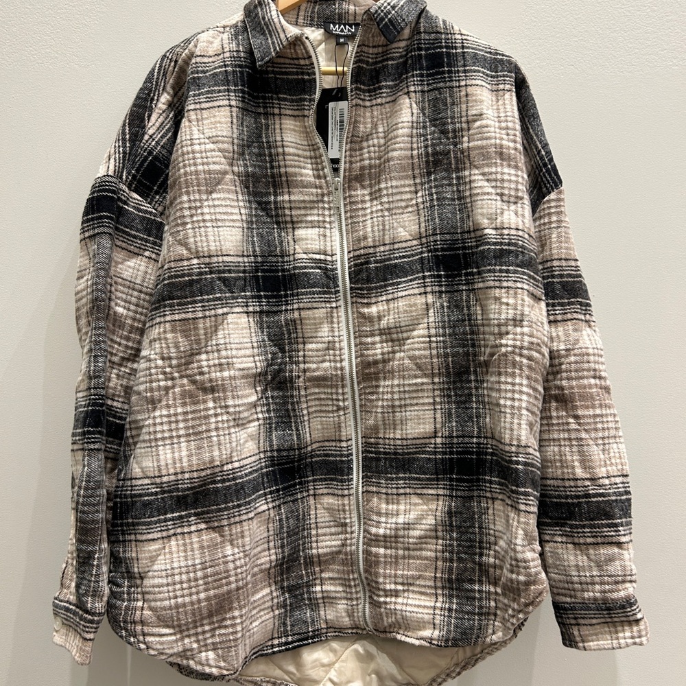Boohoo Beige Plaid Zip-Up Jacket